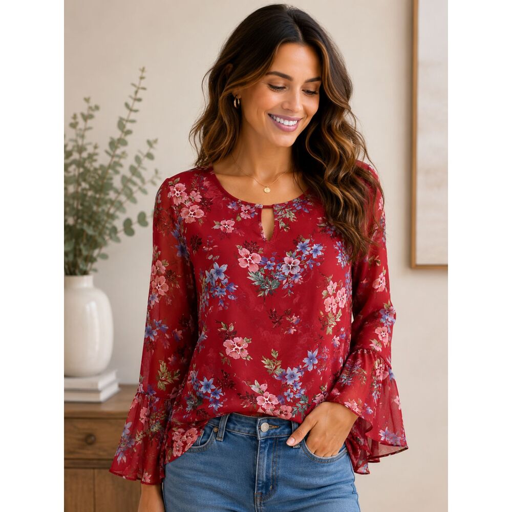 Cabi Devoted Red Floral Lined Blouse Bell Sleeves Keyhole Neck #3590 Size Small
